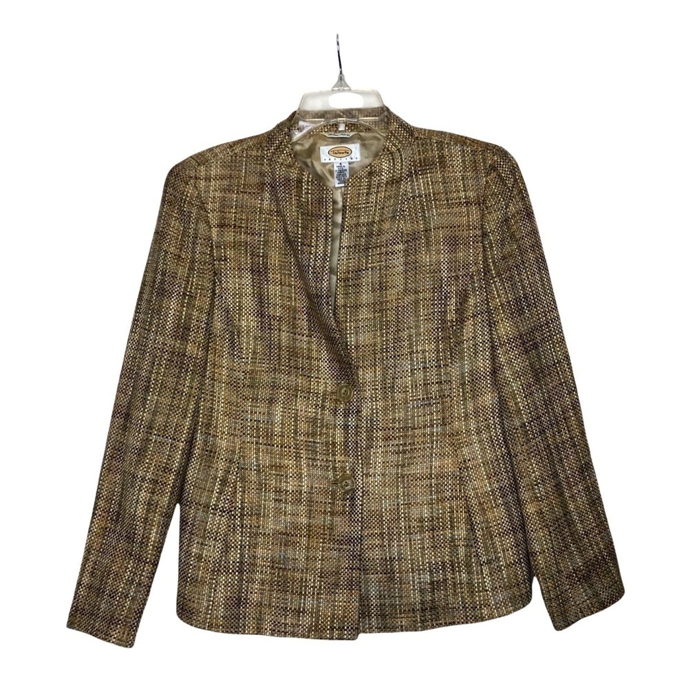 TALBOTS Tan, Olive Brown, Light Blue Tweed Collarless Button Front Blazer Size 4